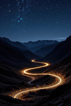 A captivating night scene featuring a winding road illuminated by vehicle lights, set against majestic mountain peaks and a stunning starry sky.の素材