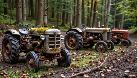 Three vintage tractors sit in a serene forest setting, surrounded by fallen leaves and moss. The autumn colors enhance the rustic charm, highlighting nature's beauty.の素材
