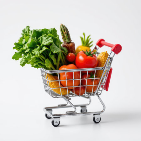 A visually appealing shopping cart filled with a variety of fresh vegetables and fruits. This image represents healthy eating, nutritious meals, and vibrant colors that enhance any grocery-themed project.の素材