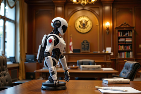 A humanoid robot stands in a formal office setting, showcasing advanced technology against a backdrop of wood paneling and a government seal.の素材