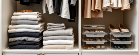 A beautifully organized closet featuring neatly folded clothes, elegant footwear, and stylish accessories arranged in clear containers.の素材