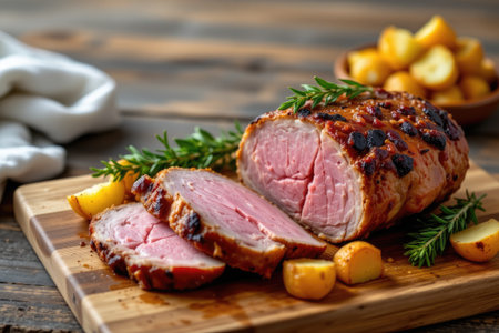 A beautifully presented roasted ham with juicy slices, garnished with fresh herbs and accompanied by golden potatoes on a rustic wooden board.の素材