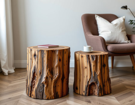 Discover the charm of rustic wooden stump tables in a serene living room. This cozy arrangement features natural materials and stylish accents, creating an inviting atmosphere.の素材