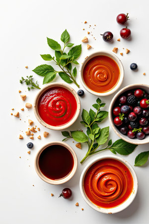 This image showcases an assortment of colorful sauces in bowls, surrounded by fresh herbs and berries, ideal for culinary inspiration and food styling.の素材