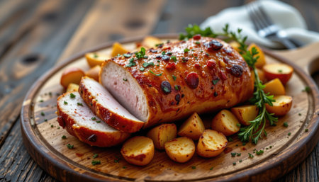 Indulge in a mouth-watering roasted meat dish, perfectly seasoned and served with golden potatoes, ideal for a festive dinner or family gathering.の素材