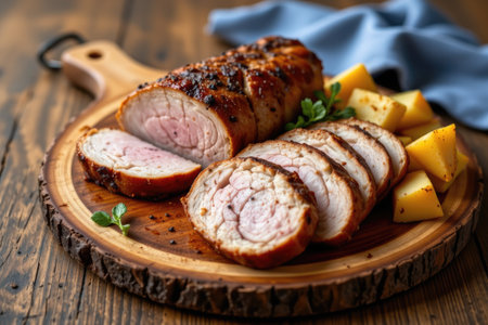 Delight in this beautifully presented roasted pork loin, expertly sliced, and paired with golden potatoes, ideal for festive gatherings or special occasions.の素材