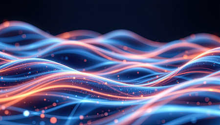 This abstract image features smooth waves illuminated in blue and orange hues against a dark background, creating a captivating and dynamic visual effect.の素材