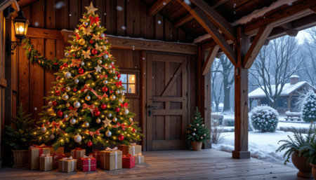 Experience a cozy Christmas atmosphere with a beautifully decorated tree glowing in a rustic cabin, surrounded by snow and festive gifts.の素材