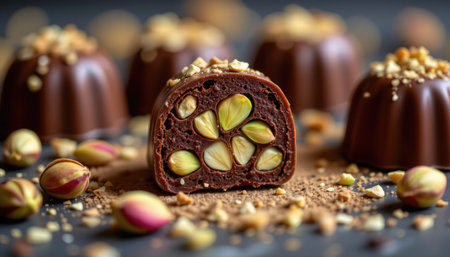 A stunning close-up of decadent chocolate treats featuring pistachios, perfect for dessert photography. Ideal for showcasing gourmet confectionery and sweets.の素材