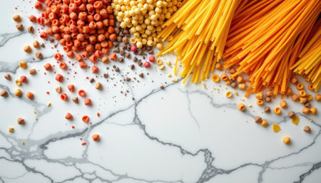 A visually appealing arrangement of colorful pasta varieties and grains on a sleek marble surface, perfect for culinary inspiration and food-related projects.の素材
