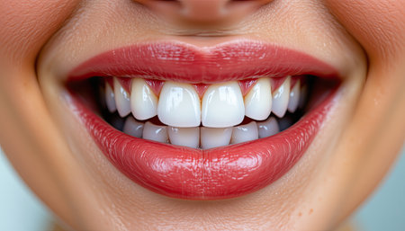 This close-up image captures a joyful woman showcasing her bright white teeth and glossy red lips. The cheerful smile radiates beauty, confidence, and health, set against a soft backdrop.の素材