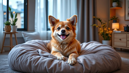 A charming fluffy dog lounges on a soft pet bed in a beautifully designed living room, highlighting joy and comfort in a cozy home setting.の素材