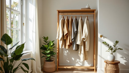 A stylish clothes rack features a selection of neutral-toned shirts in a sunlit room filled with greenery. The minimalist decor emphasizes tranquility and warmth.の素材