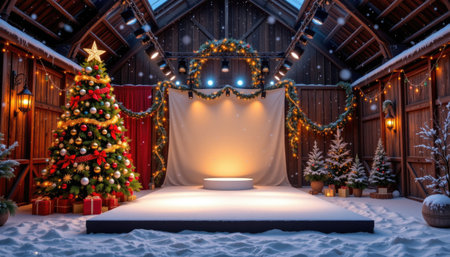 A beautifully arranged winter scene featuring a cozy barn adorned with Christmas decorations, a stunning tree, and a spacious stage for holiday events.の素材