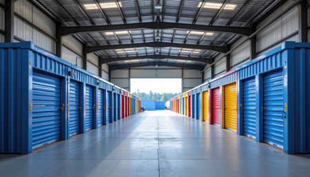 A vibrant view of self-storage units in a spacious warehouse, showcasing neatly arranged colorful containers with a clean and modern design.の素材