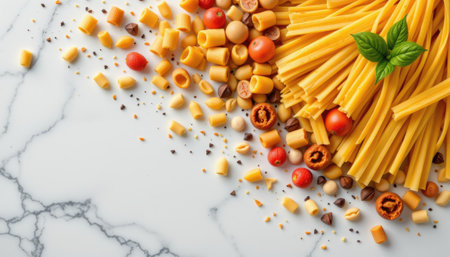 A beautiful arrangement of various pasta shapes alongside cherry tomatoes and fresh basil on a marble surface. Perfect for food enthusiasts and culinary projects.の素材