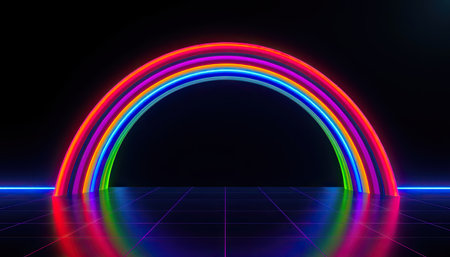This striking digital artwork features a vibrant neon rainbow arch reflected on a dark background, showcasing a futuristic ambiance and colorful light spectrum.の素材