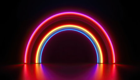 A stunning neon rainbow arch, illuminated in vibrant colors against a dark background, creates a mesmerizing visual effect ideal for modern design and art.の素材