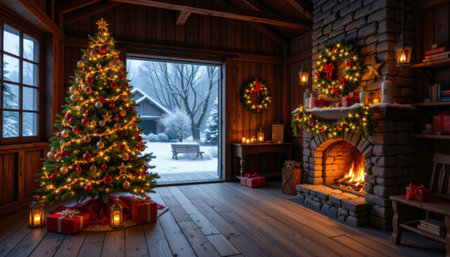 A warm and inviting winter cabin scene featuring a beautifully decorated Christmas tree, a crackling fireplace, and a serene snowy landscape outside.の素材