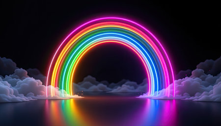 This stunning image features a vibrant neon rainbow arching gracefully over soft clouds, beautifully reflecting on a tranquil water surface. Perfect for artistic and fantasy-themed projects.の素材