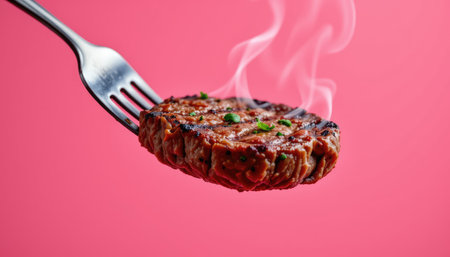 A juicy grilled patty rests on a fork, releasing steam against a bright pink backdrop. Perfect for food lovers and culinary enthusiasts seeking vibrant visuals.の素材