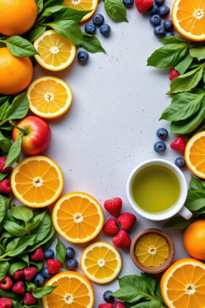 A captivating arrangement of fresh fruits and green leaves on a light backdrop, featuring citrus, berries, and a cup of olive oil, perfect for health-oriented projects.の素材