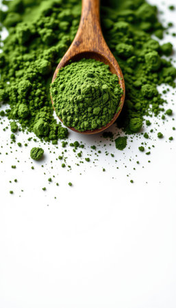 A close-up view of green powder in a wooden spoon with scattered matcha tea dust on a clean white surface, highlighting natural, organic food options.の素材