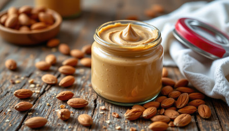 This captivating image features a glass jar filled with creamy natural almond butter, surrounded by fresh, raw almonds on a rustic wooden table, perfect for food enthusiasts.の素材