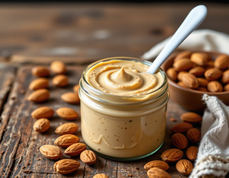 This image showcases creamy almond butter in a glass jar, artistically surrounded by fresh almonds on a rustic wooden table, highlighting its natural appeal.の素材