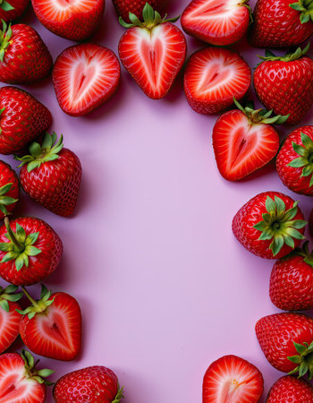 A visually appealing arrangement of fresh strawberries on a soft purple background, highlighting their vibrant color and inviting textures, perfect for food enthusiasts.の素材
