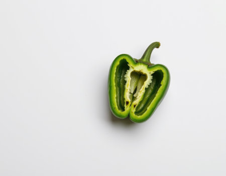 A fresh green bell pepper, perfectly halved, showcases its inner seeds and fleshy texture against a clean white background, emphasizing healthy eating.の素材