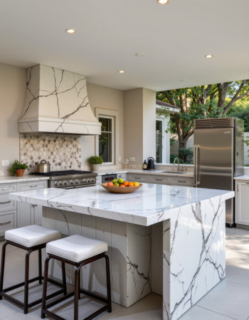 A sophisticated kitchen with striking marble countertops and stylish cabinetry, illuminated by natural light, creating a warm and inviting atmosphere.の素材