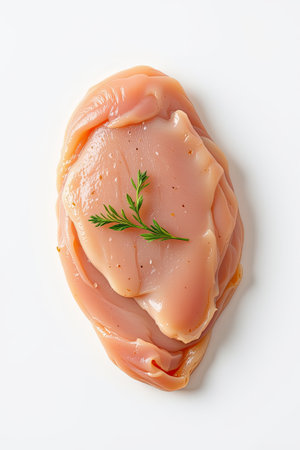 A fresh chicken breast fillet is showcased on a spotless white background, adorned with a delicate green herb garnish, ideal for culinary presentations.の素材