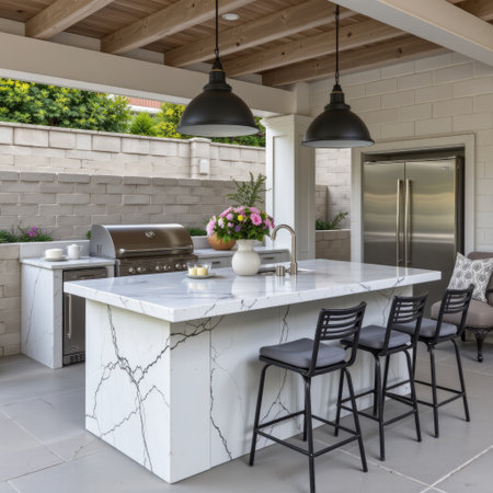 This elegant outdoor kitchen features a modern design with a stunning marble countertop, stainless steel appliances, and stylish seating. Ideal for entertaining.の素材
