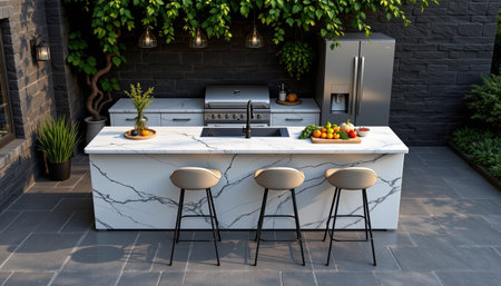 This striking outdoor kitchen features a sleek marble countertop, stylish bar stools, and fresh produce, creating a perfect space for culinary creativity and relaxation.の素材