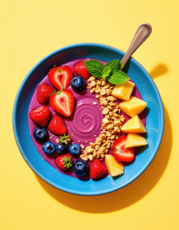 A visually appealing smoothie bowl topped with an assortment of fresh strawberries, blueberries, and pineapple, sprinkled with crunchy granola. Perfect for a healthy breakfast or snack.の素材