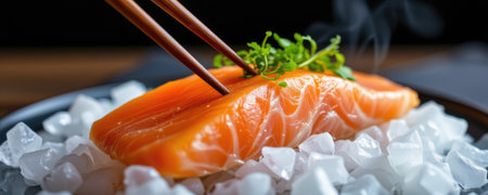 A beautifully arranged salmon fillet sits on a bed of ice with delicate herbs garnishing the dish. Chopsticks add an artistic touch to this culinary delight.の素材