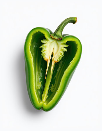 This image features a fresh green bell pepper cut in half, showcasing its seeds and inner texture against a clean white background. Perfect for food-related content.の素材
