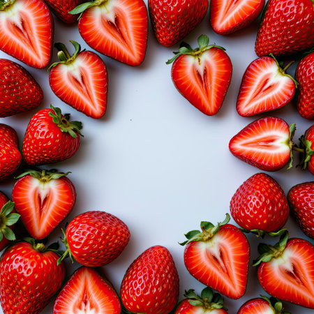 A stunning arrangement of fresh red strawberries in a circular layout on a clean white background, perfect for showcasing healthy food ideas and recipes.の素材