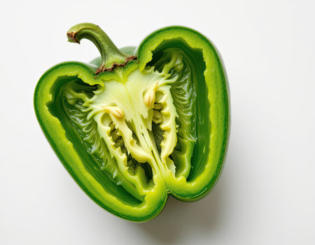 A vibrant green bell pepper cut in half, revealing intricate inner textures and seeds. Perfect for food photography, recipes, or healthy eating themes.の素材