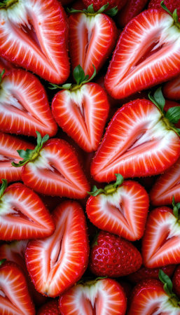 A beautiful arrangement of fresh strawberry slices, showcasing heart shapes that symbolize love and sweetness. Perfect for culinary themes and healthy eating.の素材