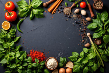 A vibrant arrangement of fresh herbs, vegetables, and spices on a dark surface showcases the beauty of organic cooking ingredients, perfect for culinary art.の素材