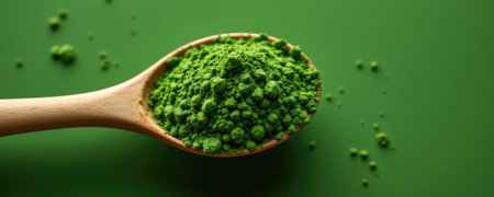 Close-up view of vibrant green powder in a wooden spoon, set against a solid green background. This image showcases natural elements, perfect for health and wellness themes.の素材