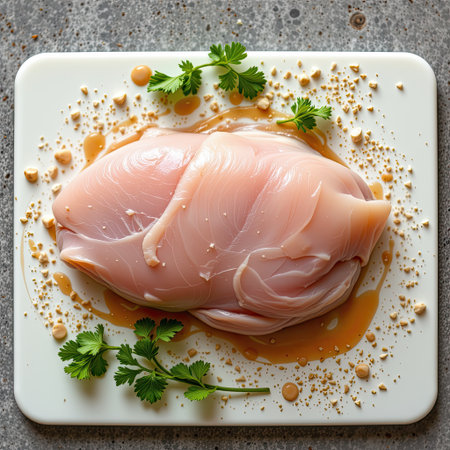 Fresh raw chicken breast rests on a cutting board, adorned with spices and herbs, perfect for meal preparation. Ideal for health-conscious cooking.の素材