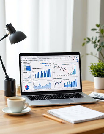 Modern workspace featuring a laptop displaying stock market charts, a warm cup of coffee, and a notepad, creating a productive office environment.の素材
