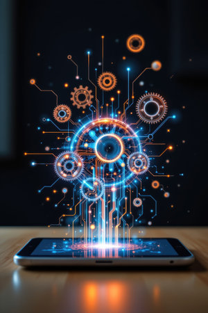 This striking image captures a smartphone illuminated by colorful digital networks and gears, symbolizing technological advancement and connectivity in a dark environment.の素材