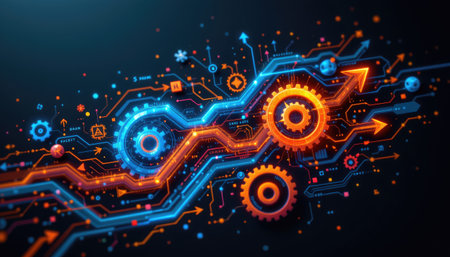 A vibrant abstract technology-inspired background featuring colorful gears and digital elements, ideal for projects focused on innovation and engineering.の素材