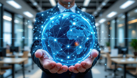 A businessman in a modern office environment holds a holographic globe, symbolizing digital connections and global networks, showcasing innovation and technology.の素材
