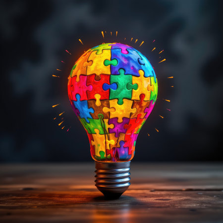 This vibrant artwork features a light bulb designed with colorful puzzle pieces, symbolizing creativity and innovation. Perfect for concepts of bright ideas.の素材