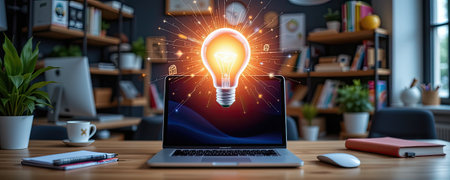 A modern workspace featuring a laptop with a glowing light bulb emanating creativity and innovation. The image captures the essence of productivity and design.の素材